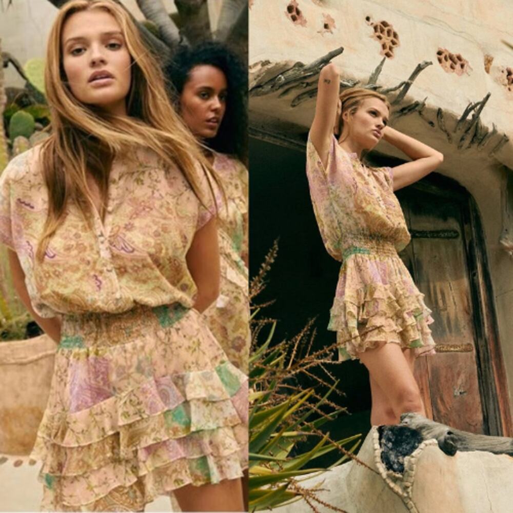 NWT MISA Los Angeles Evie Button Front Smocked Tiered Mini Dress Beige Size: L